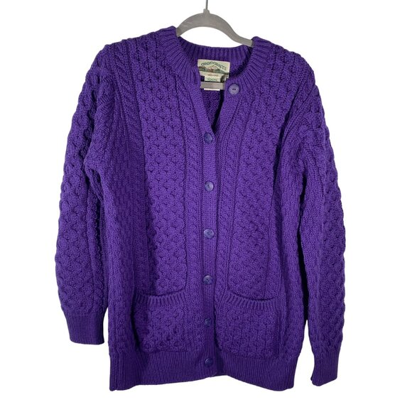 Aran Crafts Womens Medium Purple Merino Wool Cable Knit Cardigan Sweater chunky - Picture 1 of 9